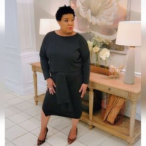 Black Curvalicious Tie Front Skirt Set | Plus Size 1X-3X | Stretch Midi Set